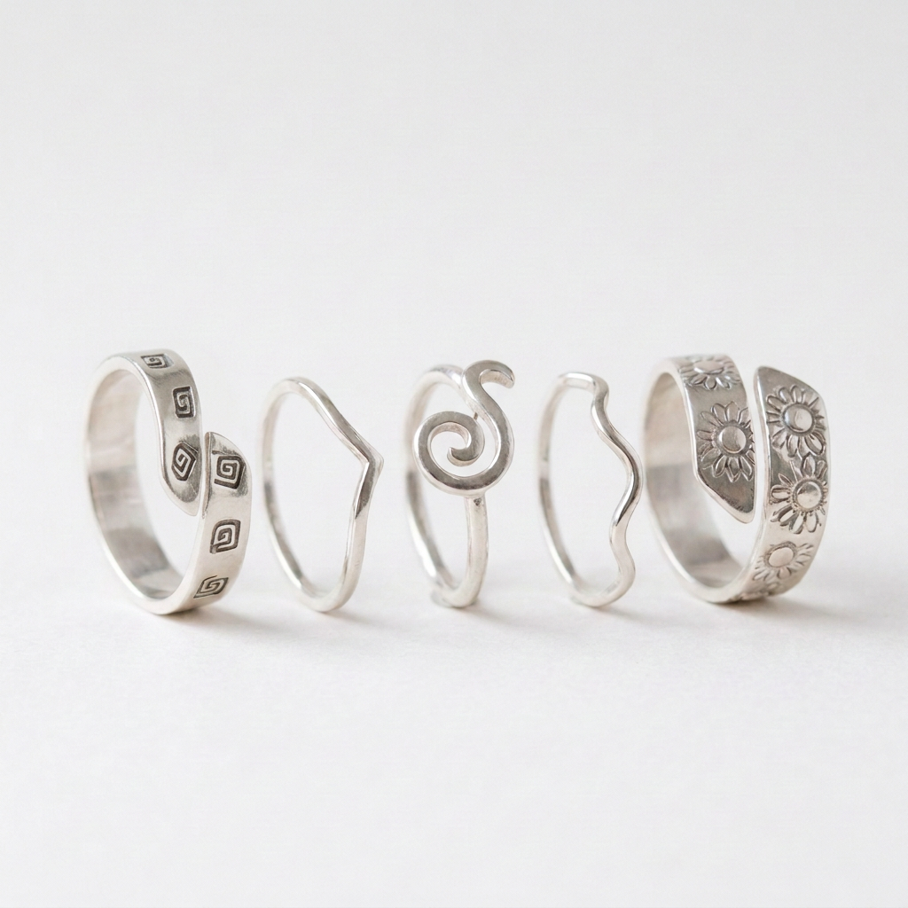 Ring group with the leftmost stamped ring revised to its adjustable design