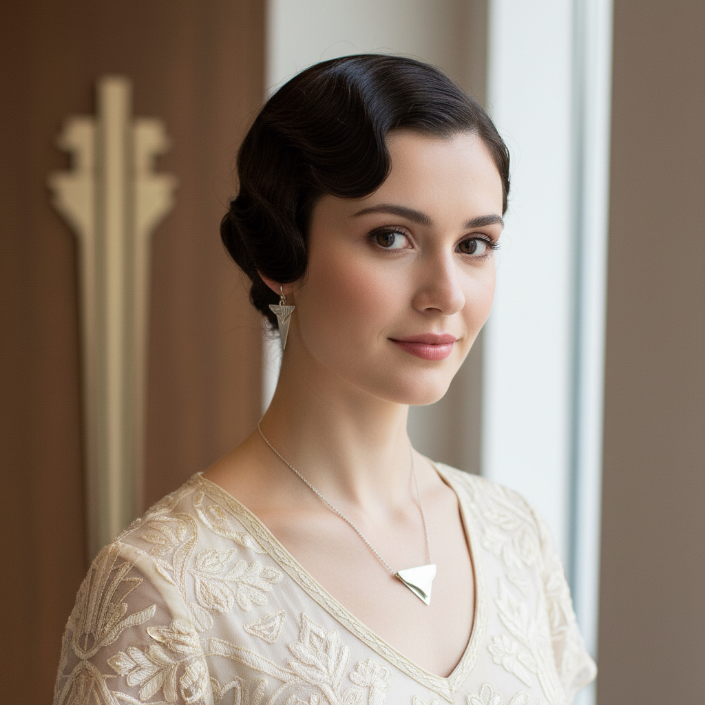 1920s style woman wearing Broadway Earrings and Pendant set