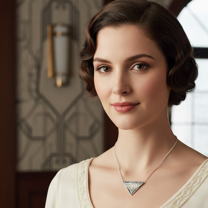 1920s style woman wearing Broadway Pendant on much shorter chain, no headgear