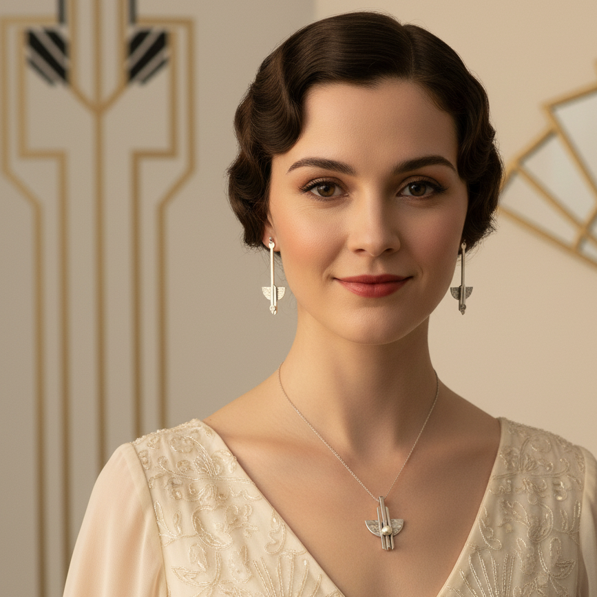 1920s style woman wearing Horizon Earrings and smaller pendant