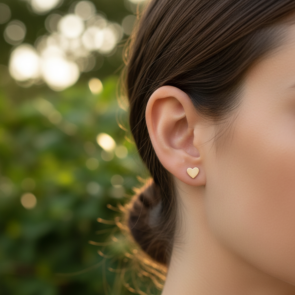 9ct Gold Heart Studs - On Model (even smaller)