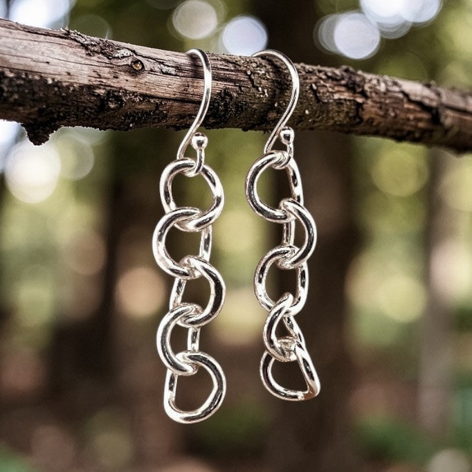Curved Chain Link Sterling Silver Drop Earrings