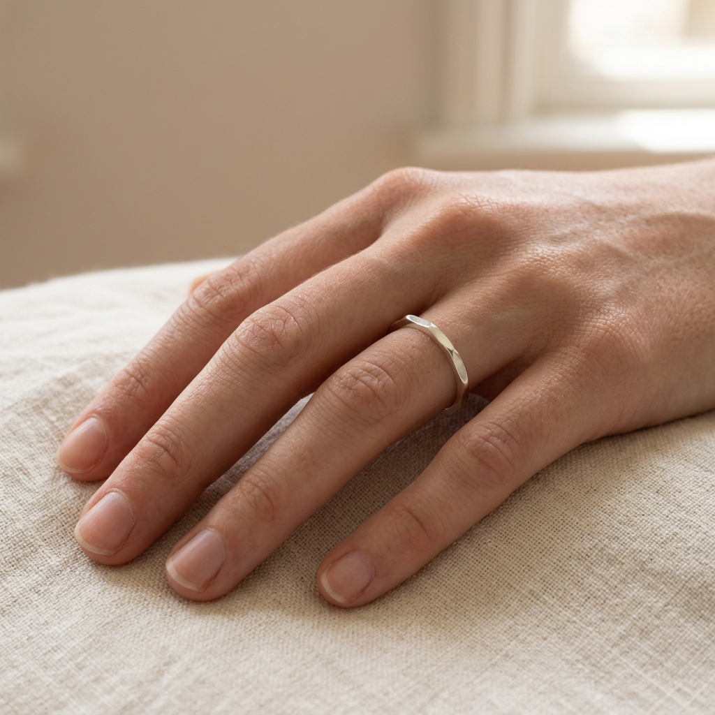 Angular silver ring on slender fingers resting on cream linen