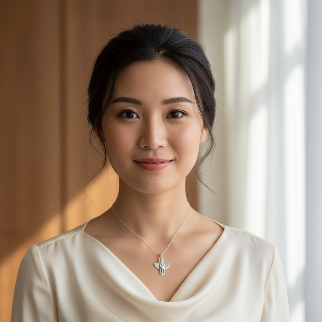 Asian woman wearing petite tiny Horizon Pendant on shorter chain