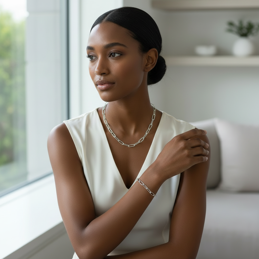 Black woman wearing paperclip chain bracelet and necklace - square