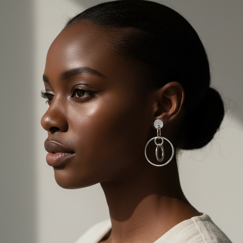 Black woman wearing short synergy earrings