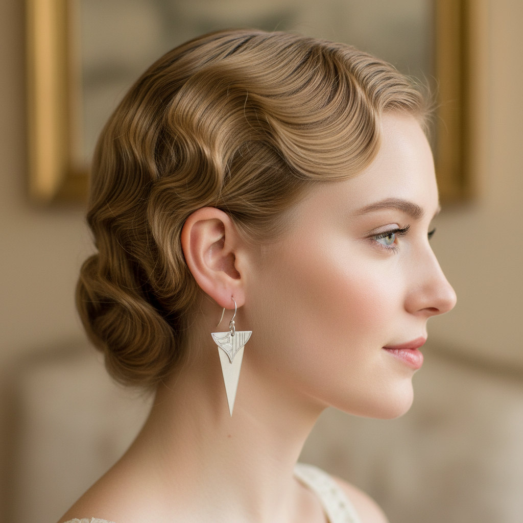 Blonde 1920s woman wearing Broadway Earrings - simple ear hook only