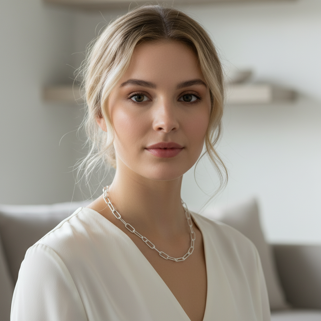 Blonde model wearing paperclip chain necklace square