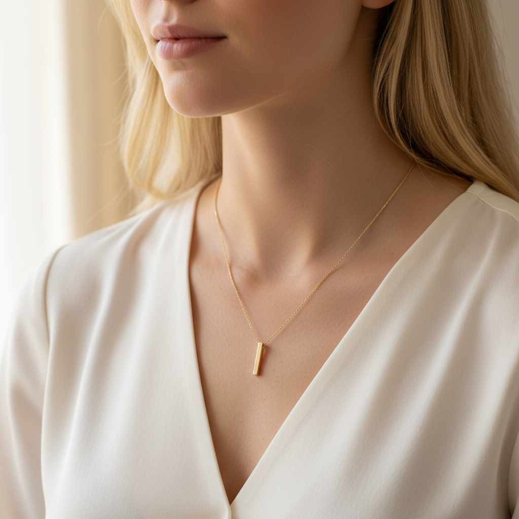 Blonde woman wearing gold vertical bar pendant close-up