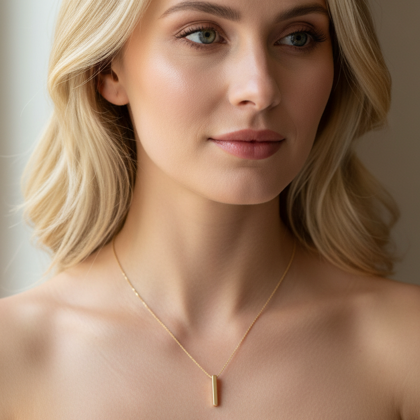 Blonde woman wearing gold vertical bar pendant portrait