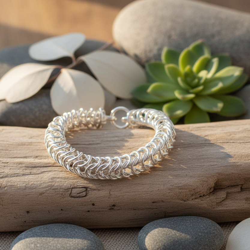 Box Weave Chainmaille Bracelet in natural setting