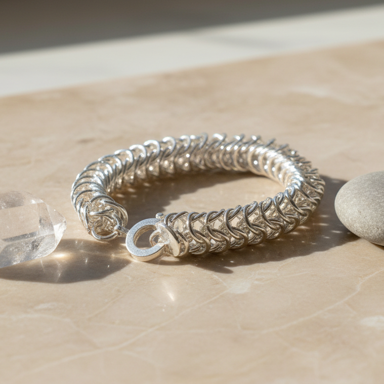Box Weave Chainmaille Unisex Sterling Silver Bracelet in elegant setting