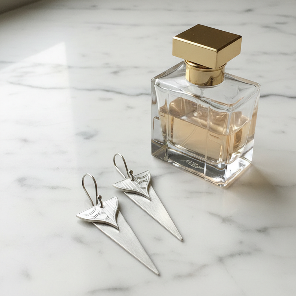 Broadway Earrings next to art deco perfume bottle - clean composition
