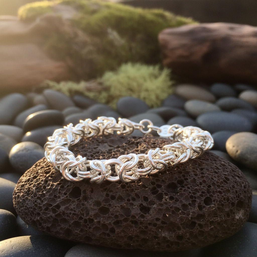 Byzantine Unisex Sterling Silver Bracelet on natural surface - square