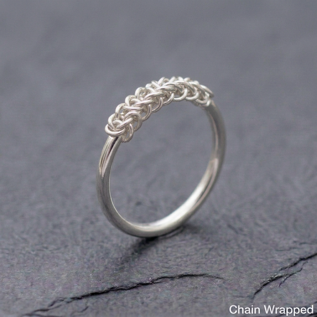 Chain Wrapped ring with a fully round-wire shank and shorter chain detail