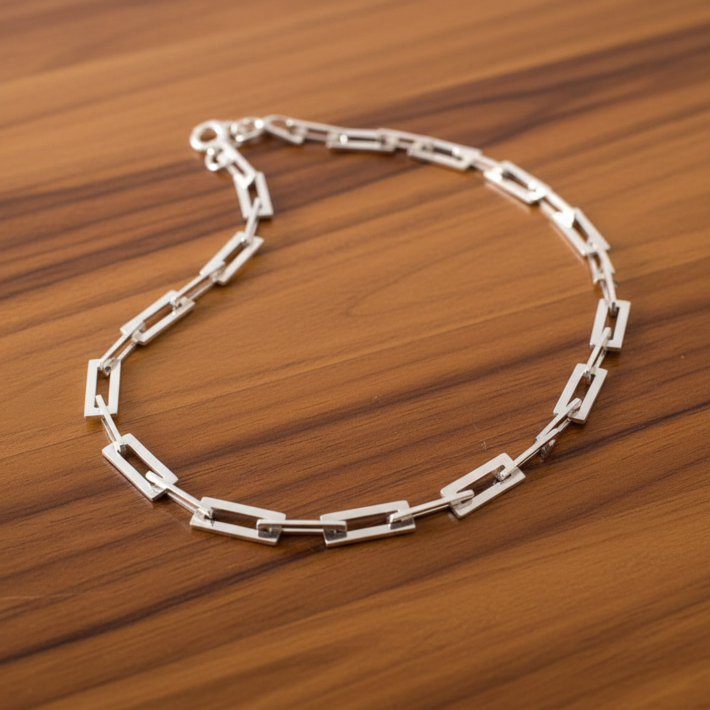 Chunky Rectangular Chain Sterling Silver Necklace on polished wood - square