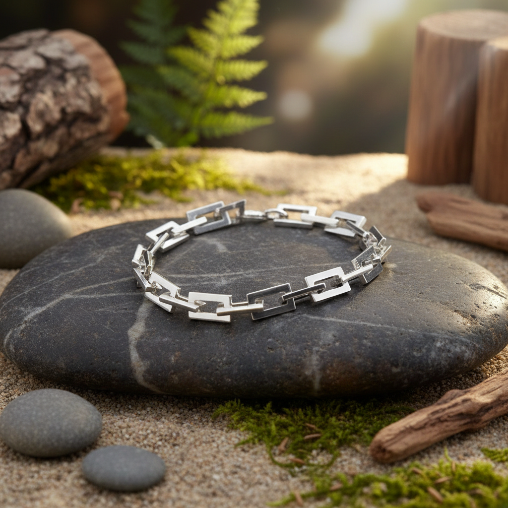 Chunky Rectangular Link Chain Sterling Silver Bracelet on natural surface - square