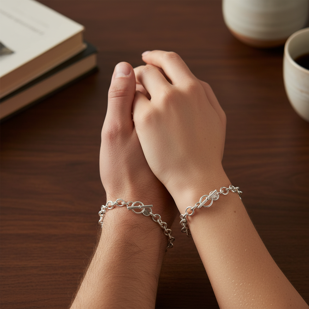 Chunky Silver Bracelet - Couple Holding Hands