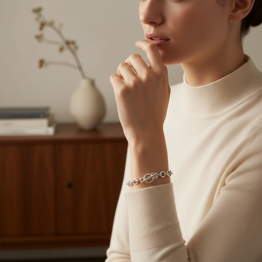 Chunky Silver Bracelet - Woman Hand to Mouth
