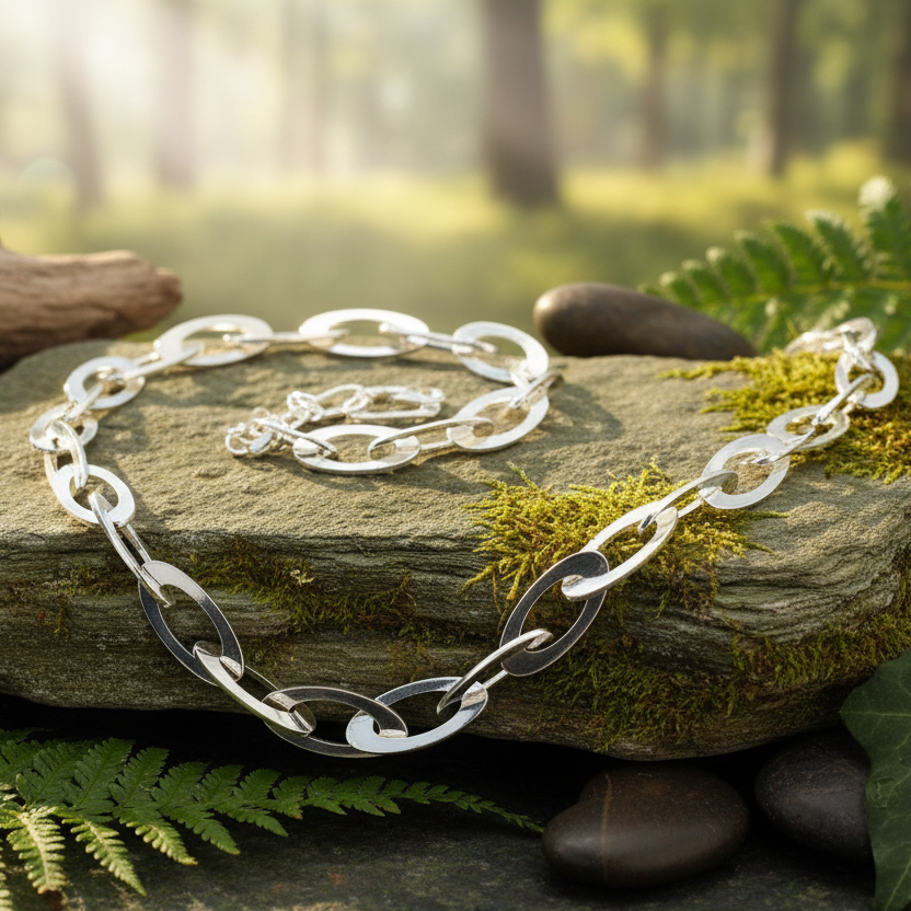 Chunky Sterling Silver Unisex Oval Chain Necklace with natural background