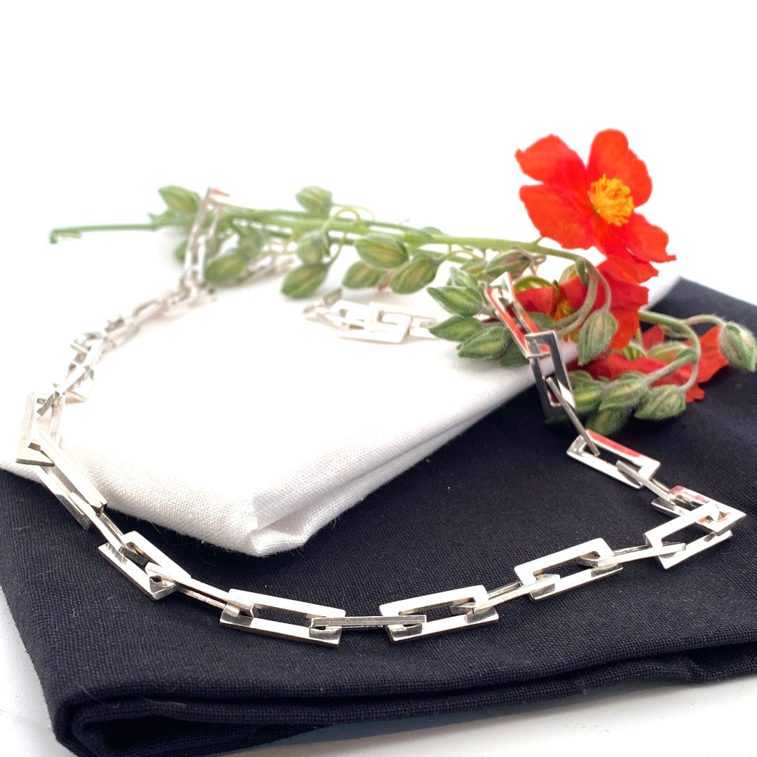Rectangular Link Chain Unisex Sterling Silver Necklace