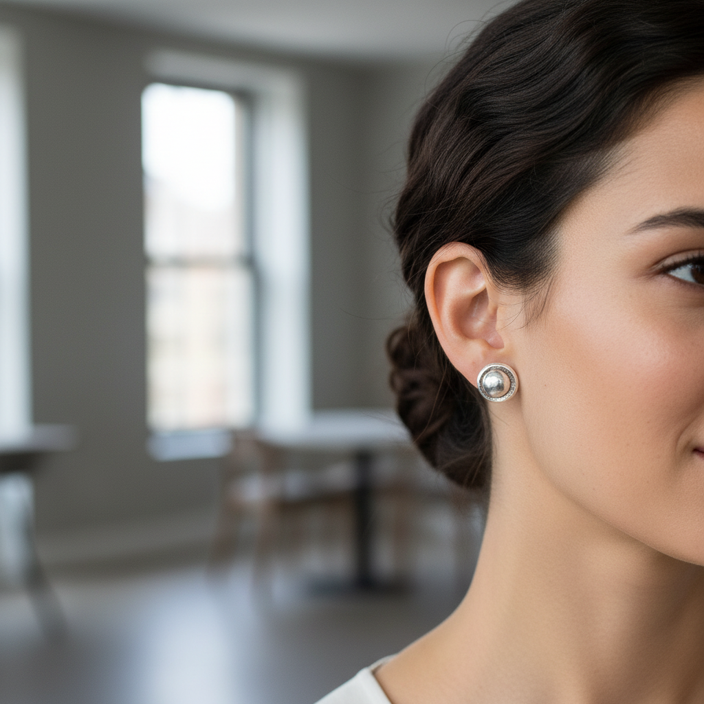 Close-up of woman wearing Eclipse Sterling Silver Stud Earrings