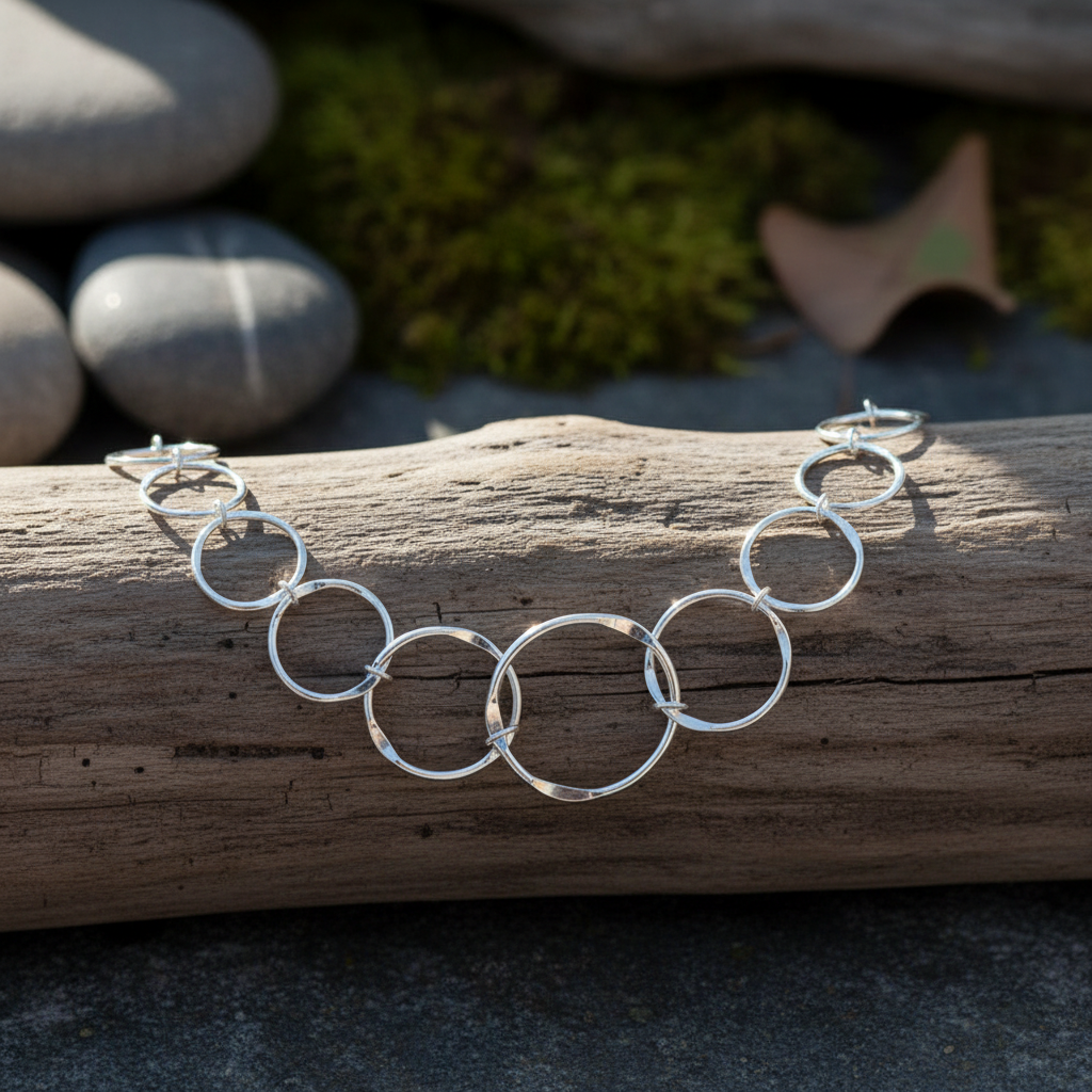 Cornered Ring Sterling Silver Chain Necklace on natural surface - square