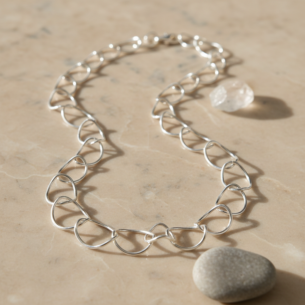 Curved Link Sterling Silver Chain Necklace with clasp hidden