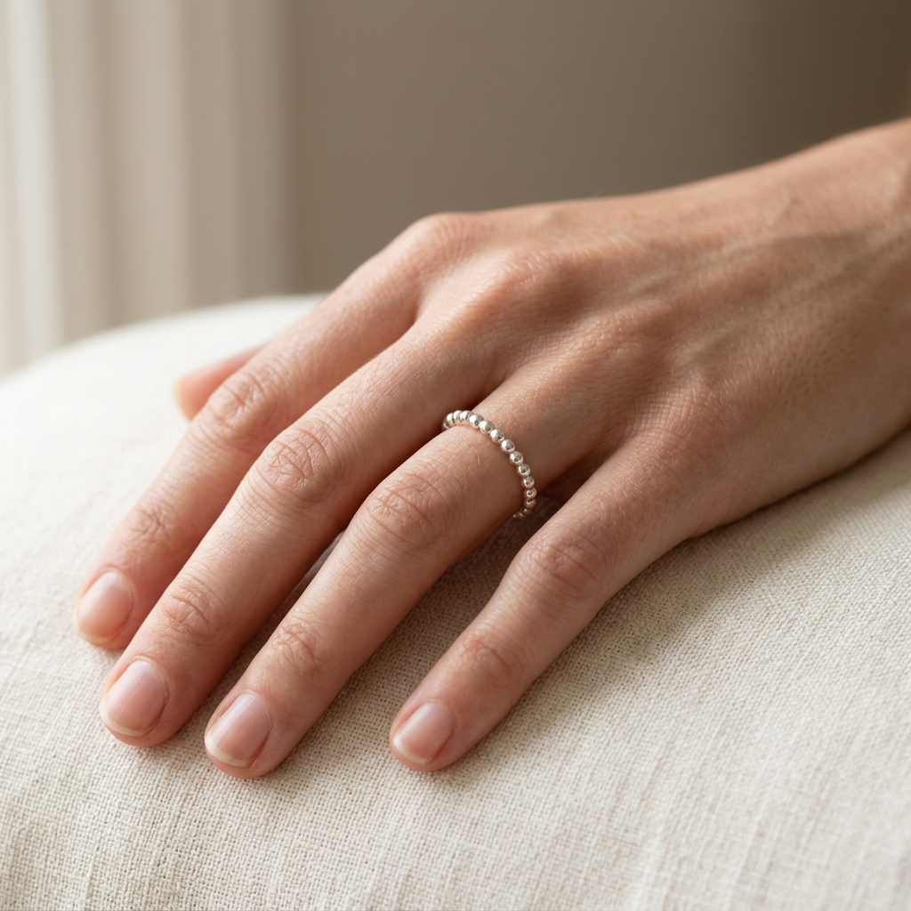 Delicate beaded silver ring on a slender hand resting on cream linen