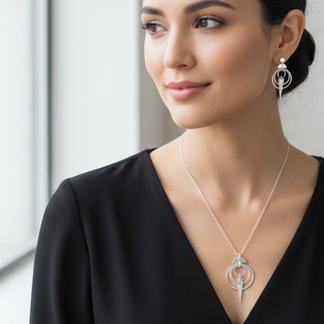 Different woman wearing Avalon Earrings and Pendant set