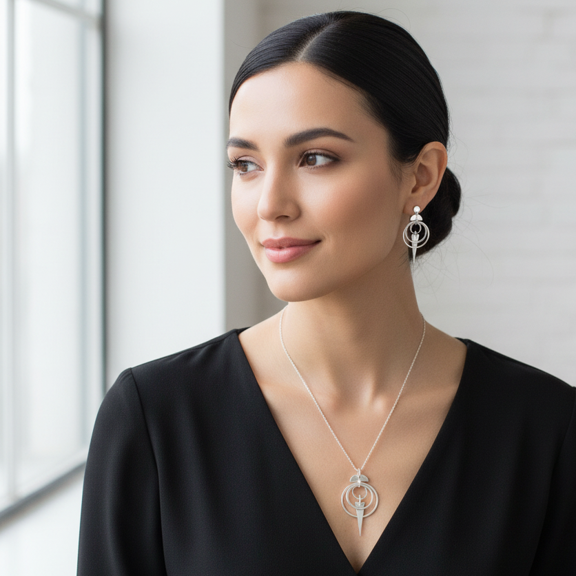 Different woman wearing Avalon Earrings and Pendant set