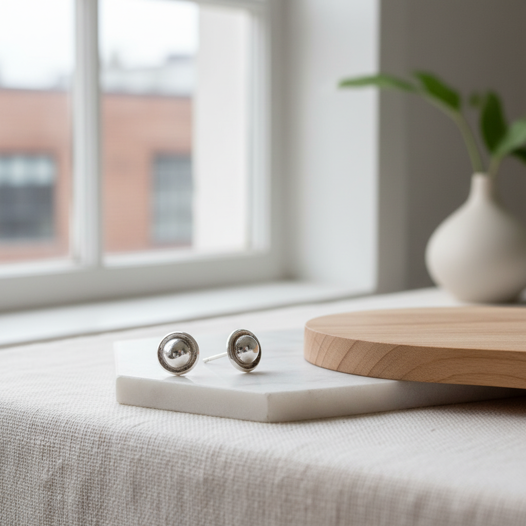 Eclipse Sterling Silver Stud Earrings in indoor setting