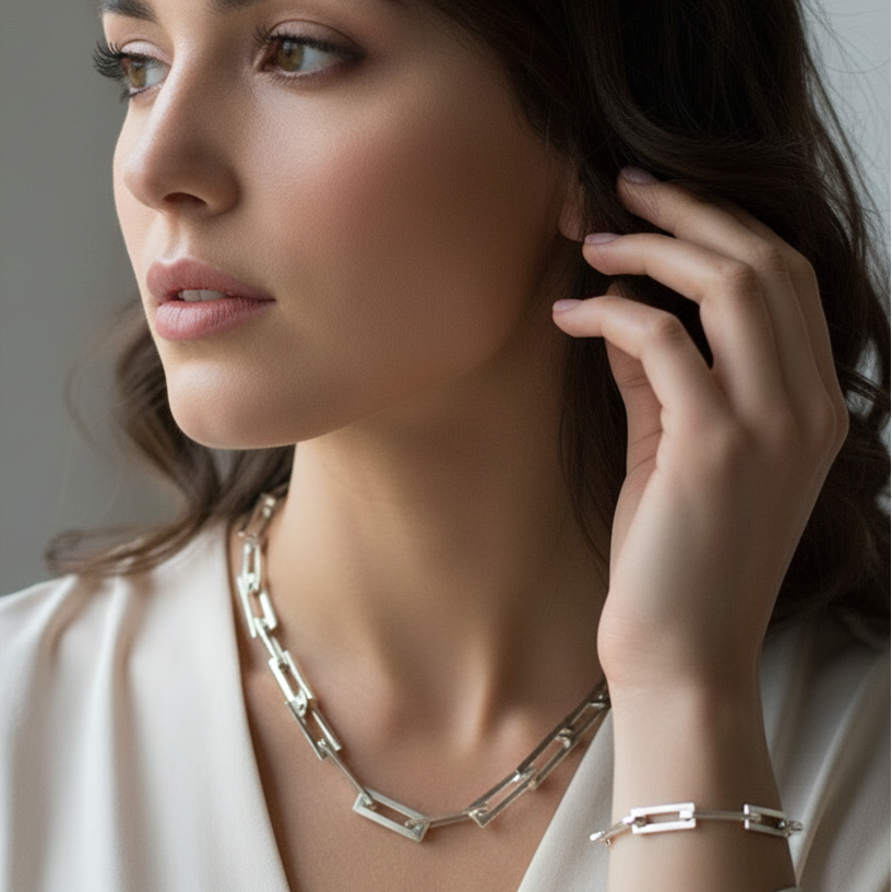 Elegant woman wearing chunky chain necklace
