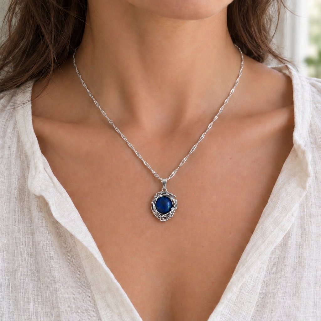 Entwined pendant with fine twist chain indoors