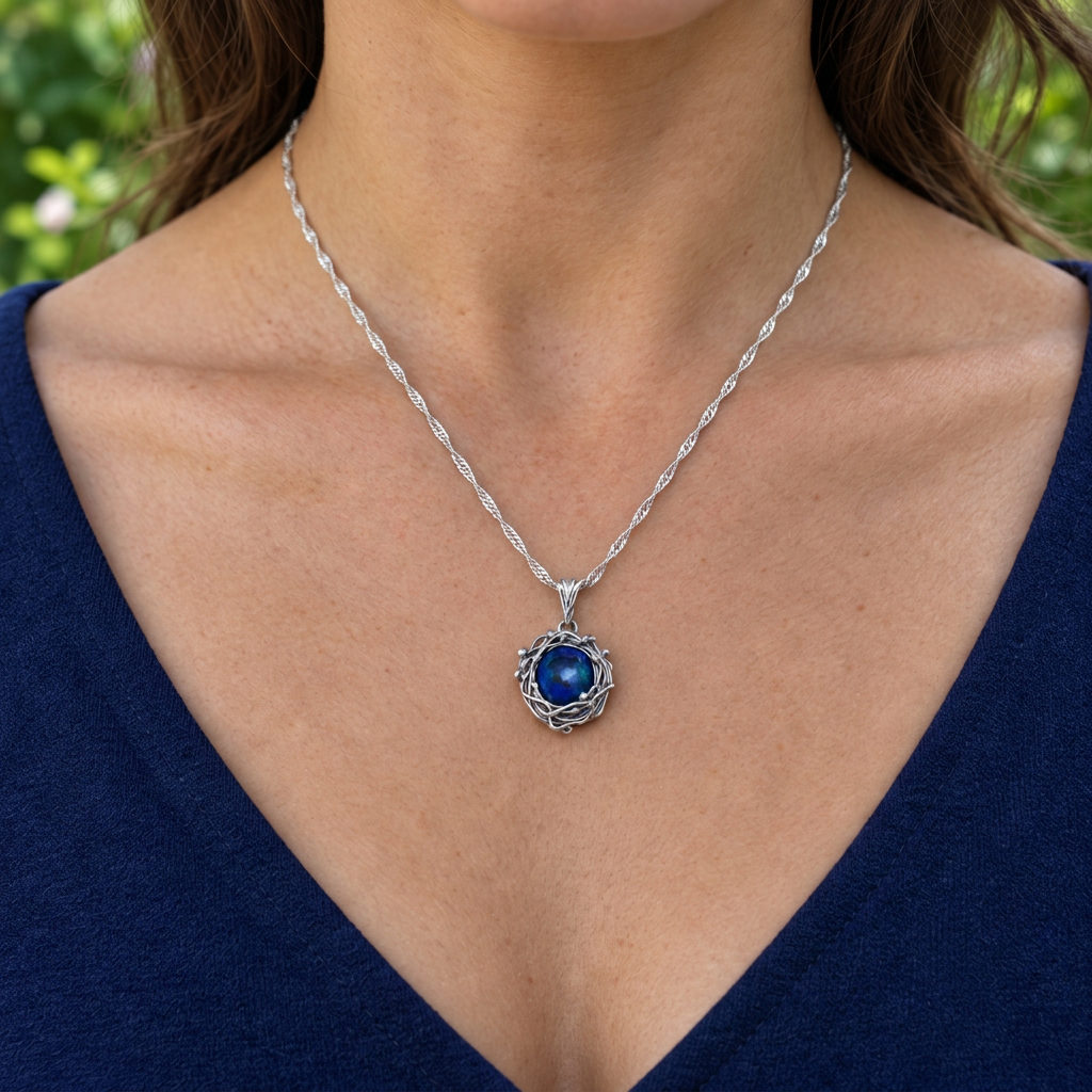 Entwined pendant with fine twist chain outdoors