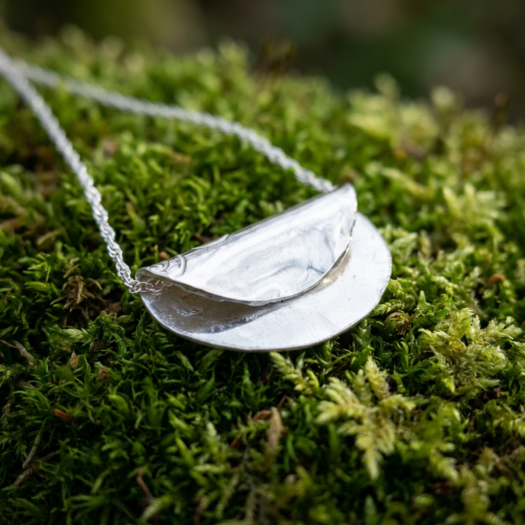 Folded silver pendant on moss