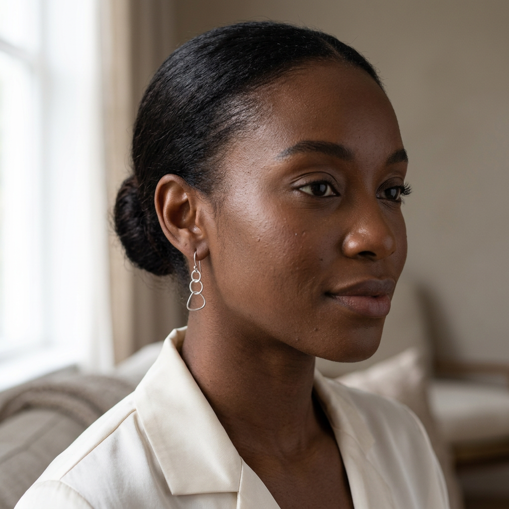 Fresh portrait of a young elegant Black woman wearing the silver linked earrings at a smaller scale