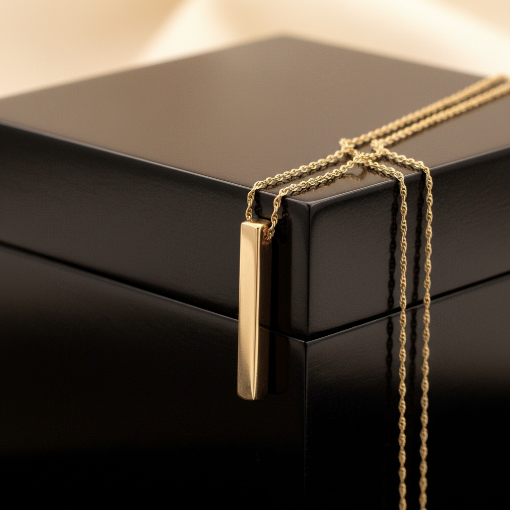Gold bar pendant with chain through top draped over box