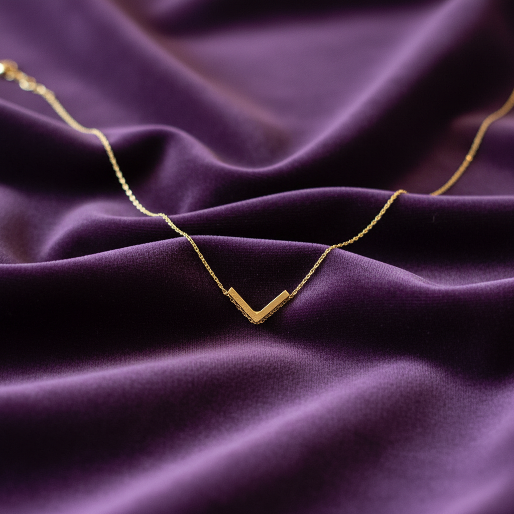 Gold chevron pendant nestled in purple velvet folds