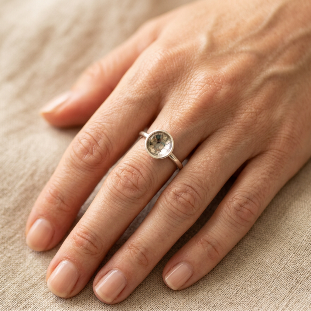 Hammered concave disc ring on a slender finger