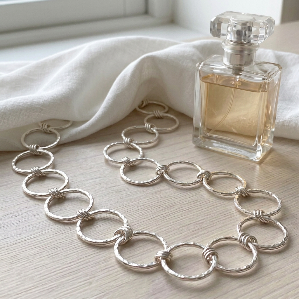 Hammered silver necklace beside a perfume bottle, with soft fabric covering the back closure area