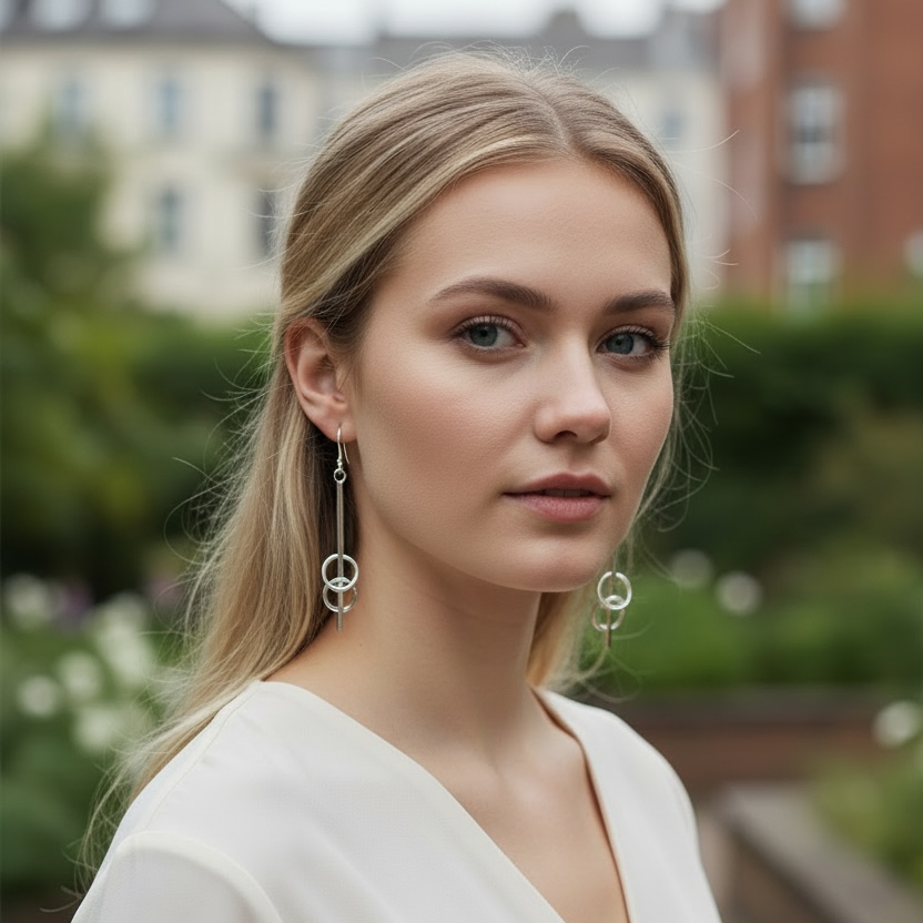 Woman wearing a white outfit with earrings in an outdoor setting