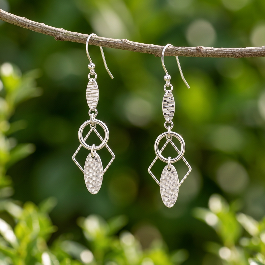 Lyra sterling silver earrings hanging from a garden branch