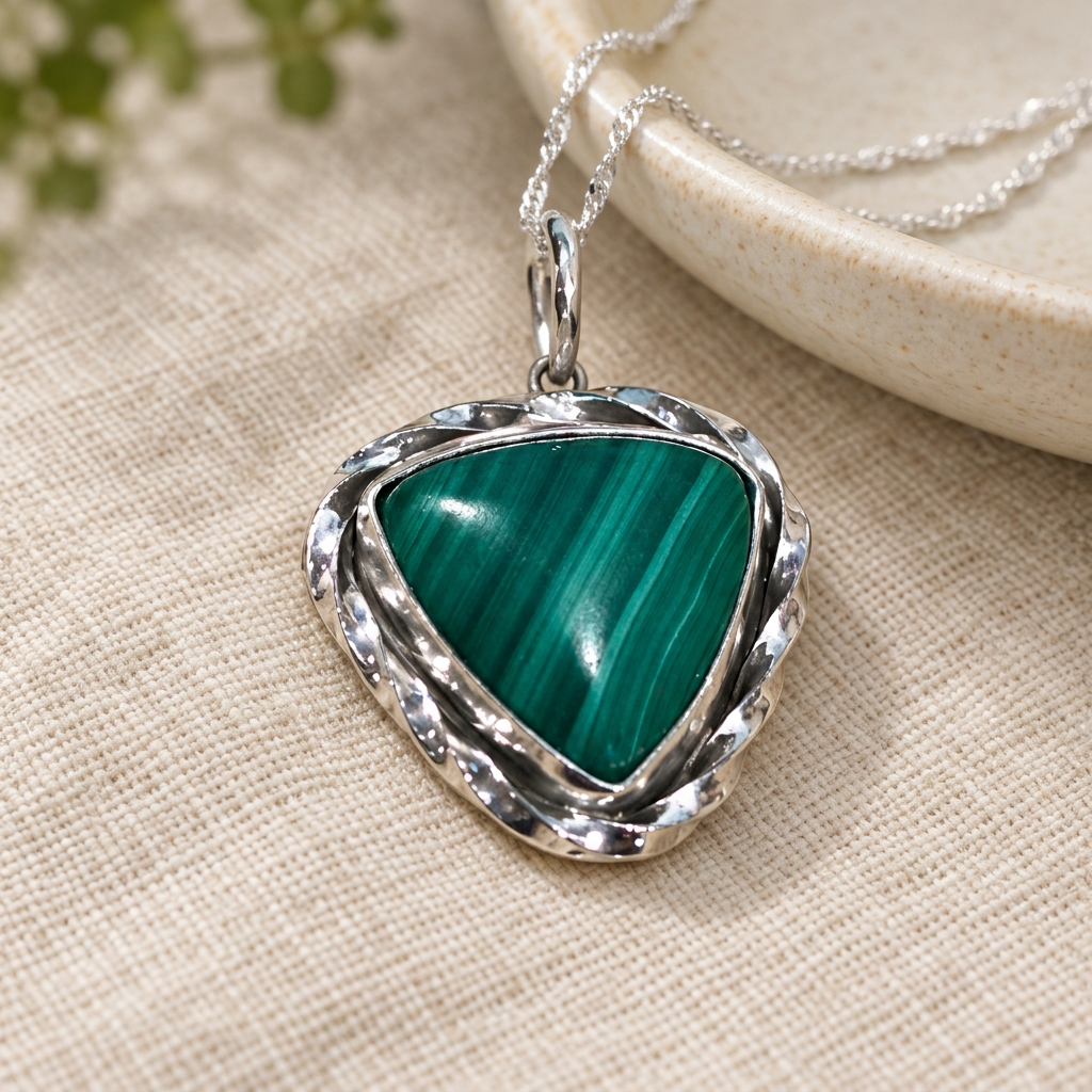 Malachite pendant on ivory linen with fine twist chain