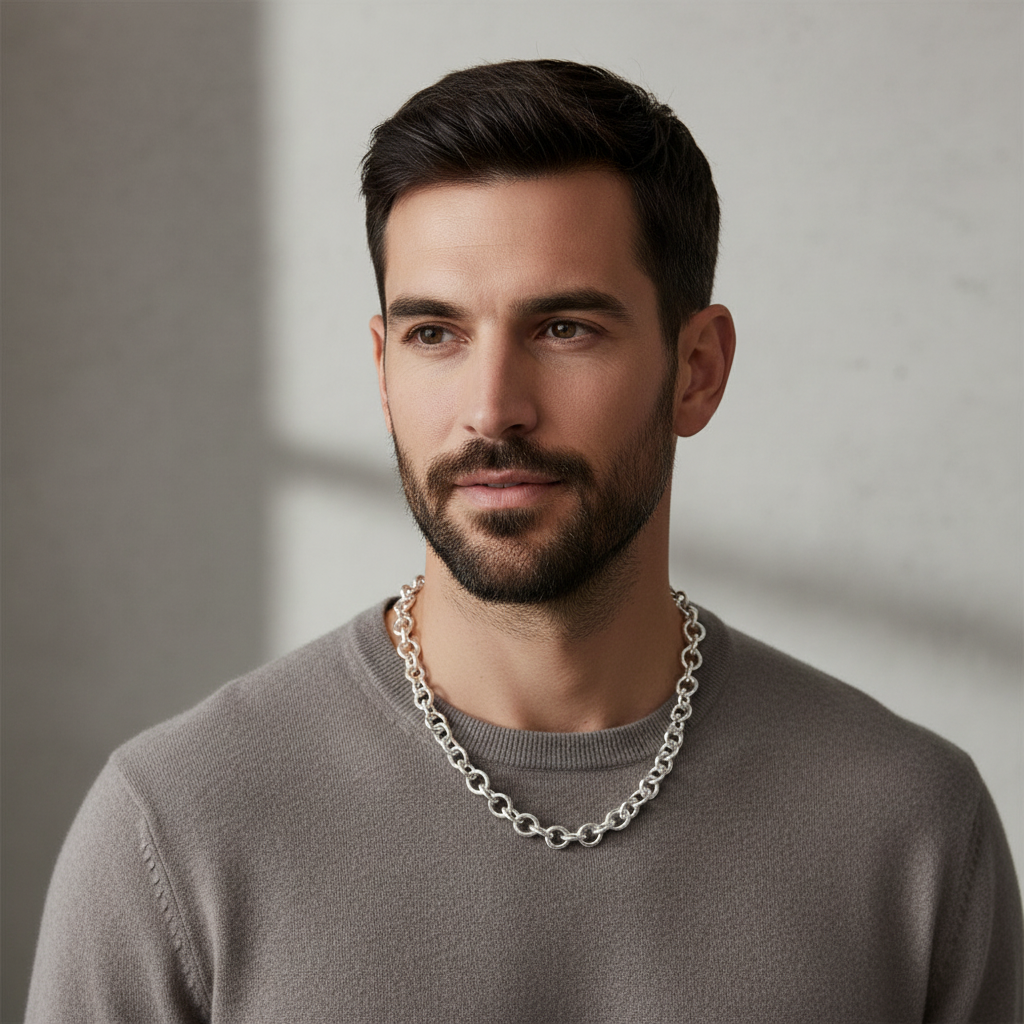 Man wearing Chunky Sterling Silver Plain Link Necklace