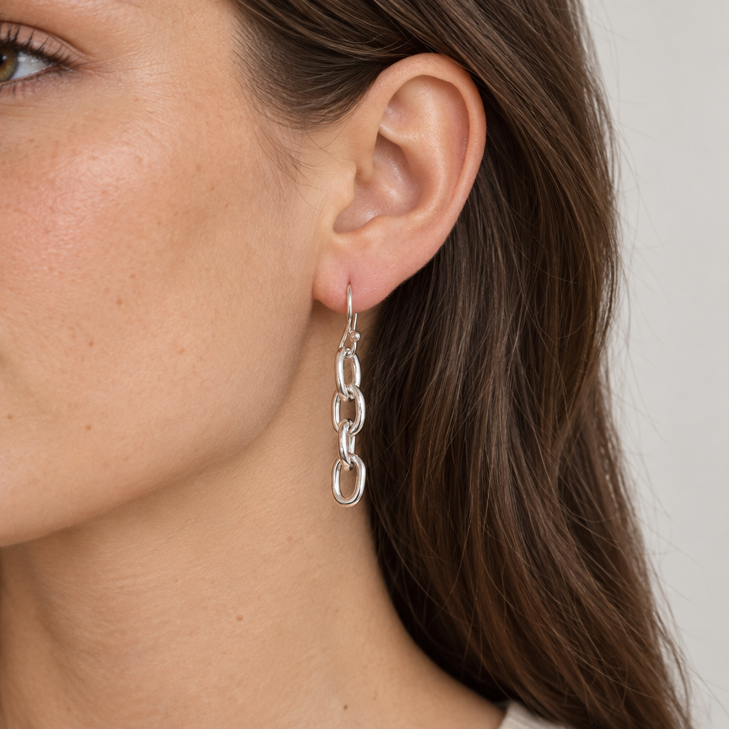 Model wearing the silver link earring based on the new reference photo
