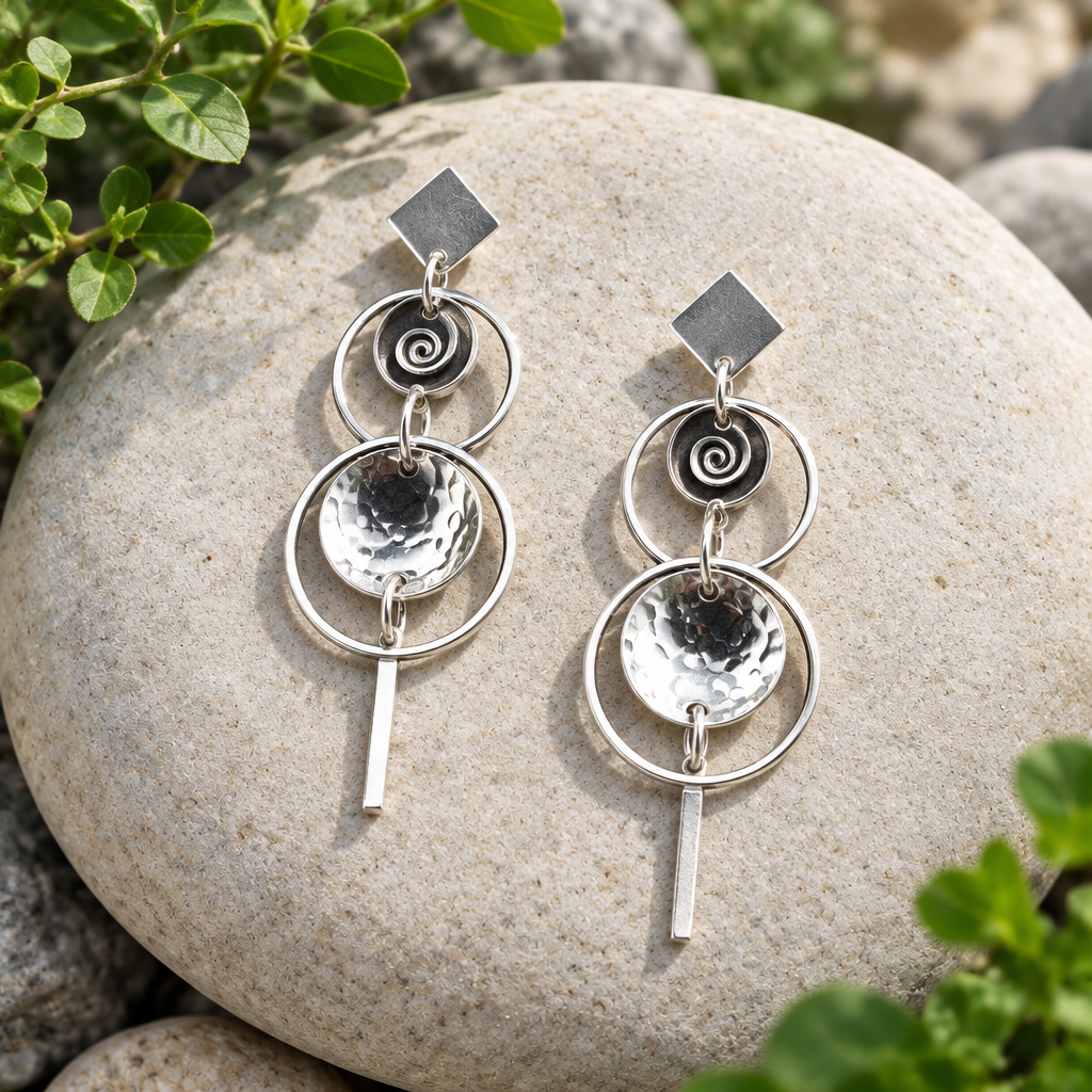 Pair of layered silver drop earrings on a pebble outdoors