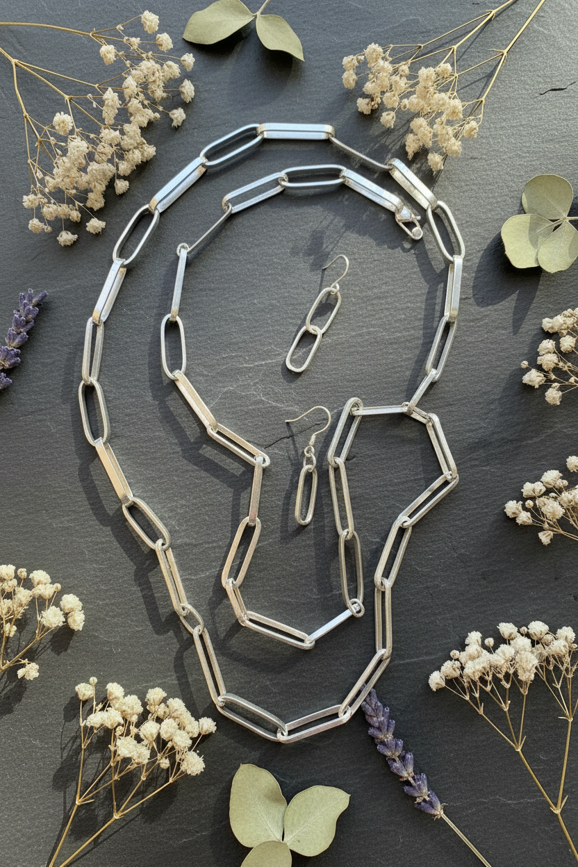 Paper Clip Chain Set – Slate & Dried Flowers, Longer Necklace