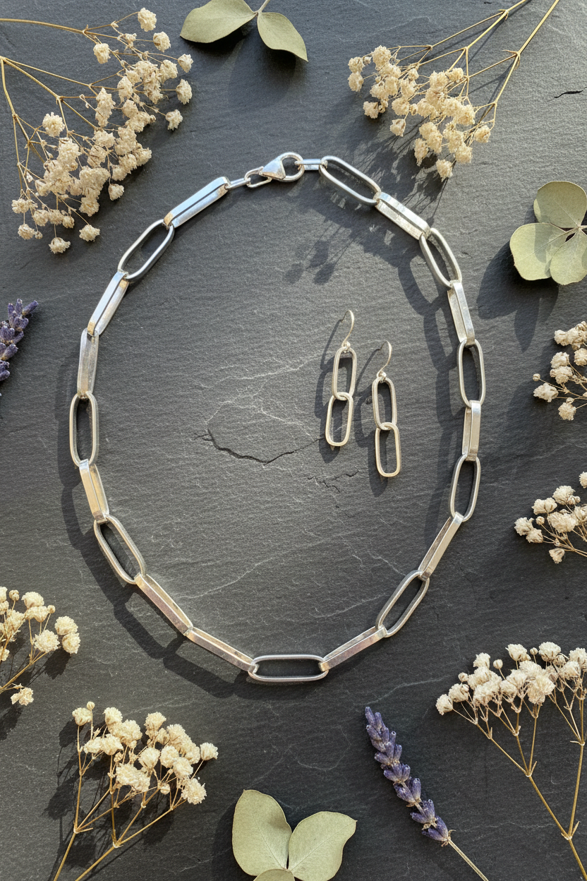 Paper Clip Chain Necklace – Slate & Dried Flowers