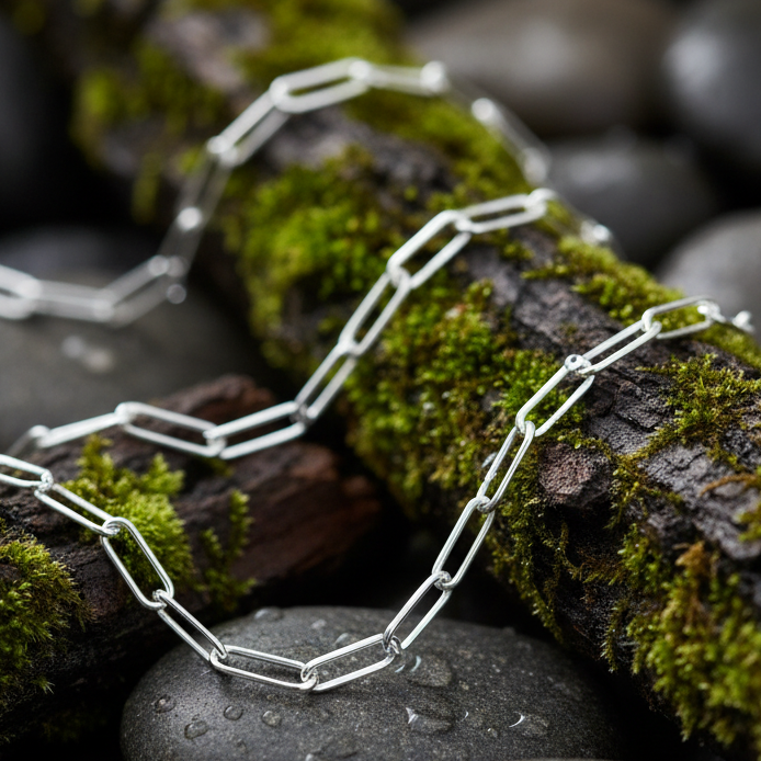 Paperclip chain necklace on natural outdoor surface